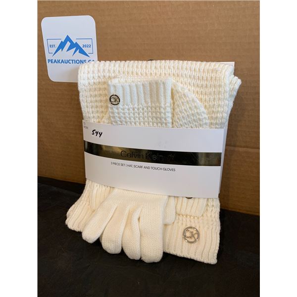 Calvin Klein 3 Piece Set Hat Scarf And Touch Gloves White Colour