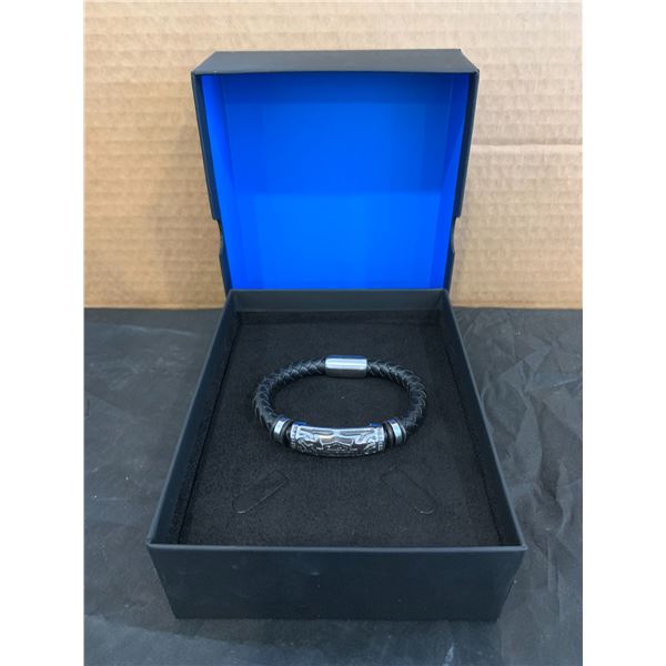 Harley Davidson Silver Tone Stainless Steel Black Leather Wrist Band