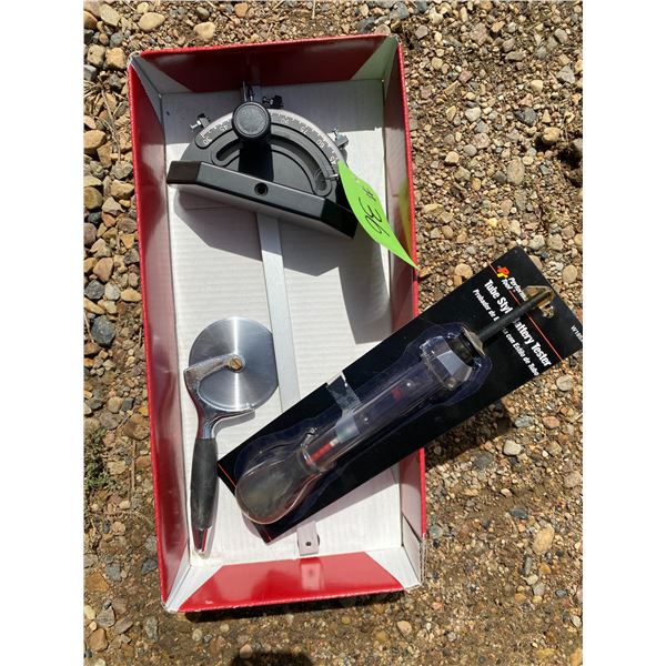 Tube style battery tester, push guide & leather cutter