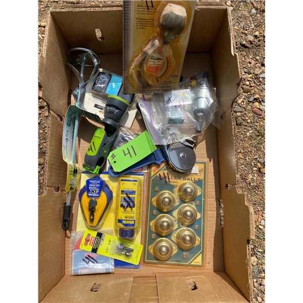 Misc. anti-freeze tester, paint mix, chalk line, roller balls, leather cutter