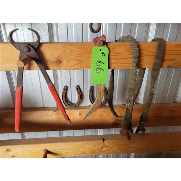 Hoof clippers, toe straps & hay hook
