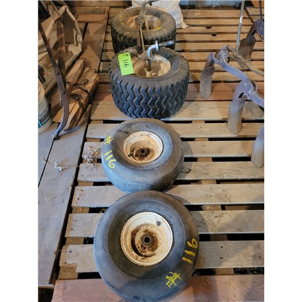 2- 15x6.00-6 NHS tires c/w 1-hole rims & 2- 18x9.50-8 c/w 1-hole rims & spindle