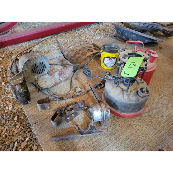 Antique gas can, oil burning lantern & misc.