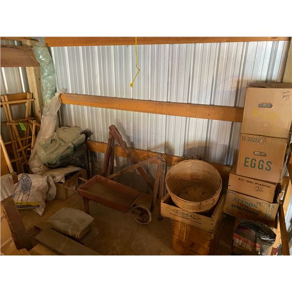 Egg Cartons, Baskets, Wood Jacks, small Wood Wheel Barrel
