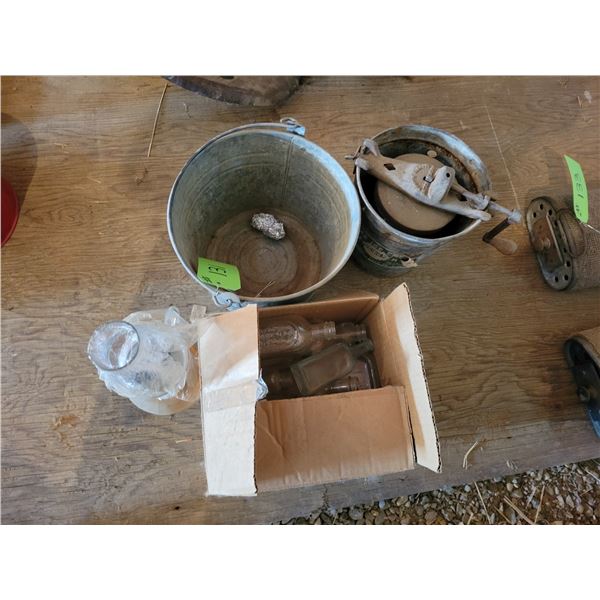 Qty of vintage glass bottles, ice cream maker & misc.