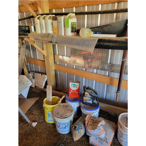 Qty of concrete parging mix, oils, varsols, thinners, oil pan & misc.