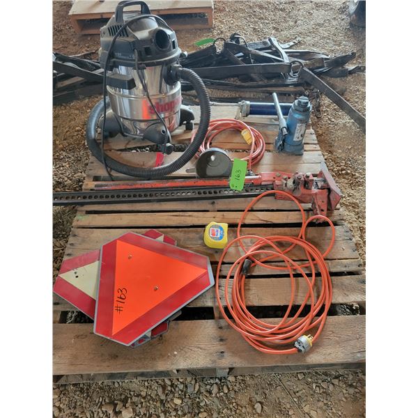 Pallet of ext. cords, shop vac. Jacks, grease gun & slow moving sign