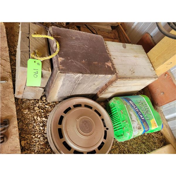2- wooden boxes, wood block, 3- Cadillac hub caps & misc.