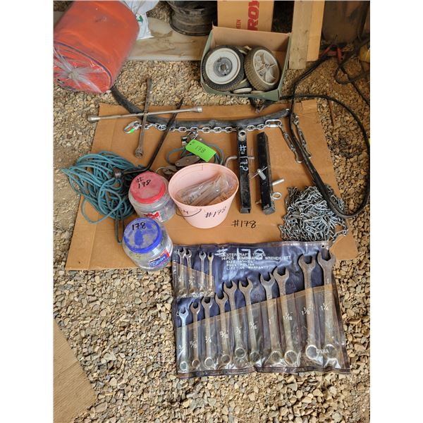 Comp. wrench set, misc. chains, set of pullers, a lariat & misc.