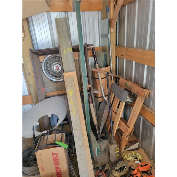 2- Creepers, shovel, postal auger, dog cone & misc. wood & glass