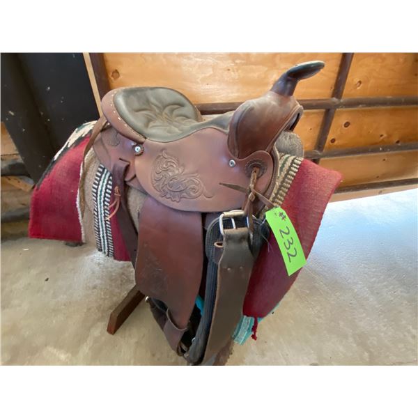 Western saddle, 16in. c/w pads & stand