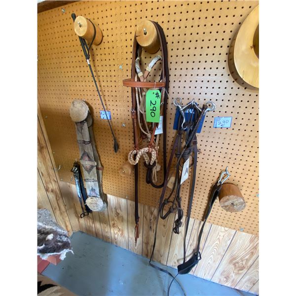 2- Cotton cinches, 2- leather back cinches, 1- Hackamore mouthless bridle, 1- Spare headstall, 2- bi