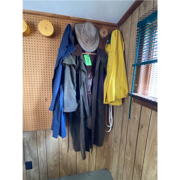 Raincoat, leather slicker, lead rope & hat