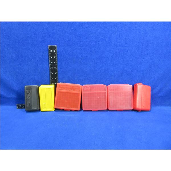 6 Plastic Ammo Boxes - 9MM x 3, 38/357 x 2, 12 Ga. x 1