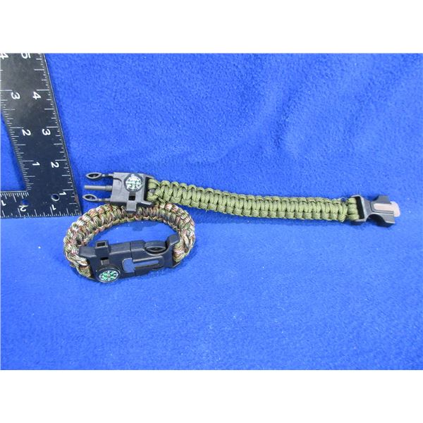 NEW - 2 Paracord Bracelets with Compass, Whistle & Flint