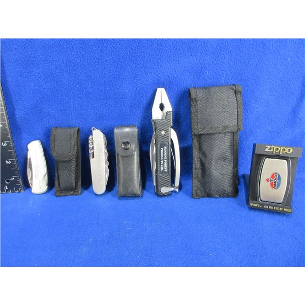 2 Pocket Knives, Zippo Money Clip Knife & Multi-Tool Pliers