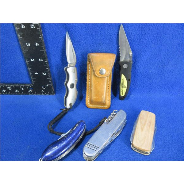 5 Folding Pocket Knives - 1 has a Leather Sheath