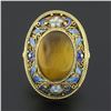 Image 2 : Vintage 14k Gold Bezel Tiger's Eye LARGE Oval Floral Enamel Filigree Frame Ring
