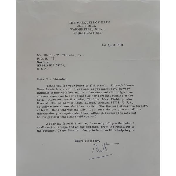 House of Lords Marquess of Bath signed letter