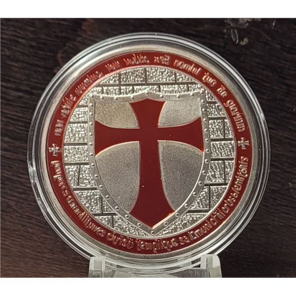 14)  ENCAPSULATED SILVER TONE WITH RED ENAMEL,