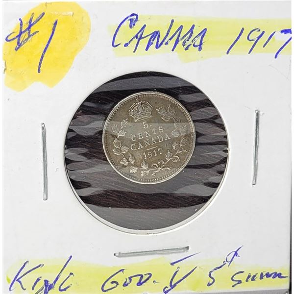 9)  CANADIAN 1917 5 CENT COIN WITH KING GEORGE V