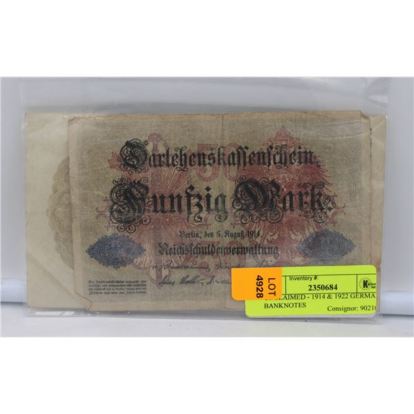 UNCLAIMED - 1914 & 1922 GERMAN BANKNOTES