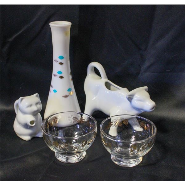 MCM GOLD AQUA MILK GLASS VASE, VTG CAT AND