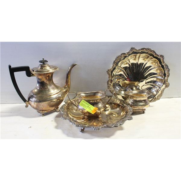 ANTIQUE SILVER COFFEE POT, CREAM, SUGAR,