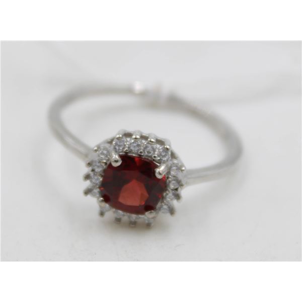 #152- NATURAL RED GARNET & CZ RING SIZE 7.75
