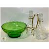 Image 1 : VINTAGE GLASS CRUET SET AND GREEN BOWL