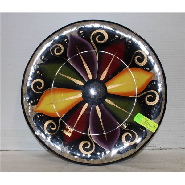 HANGABLE POTTERY PLATE, FLOWER, 16" DIAM.