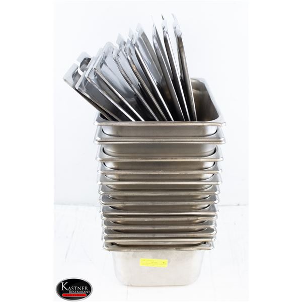 14 1/2 STAINLESS STEEL INSERTS 6" DEPTH W/ 10 LIDS