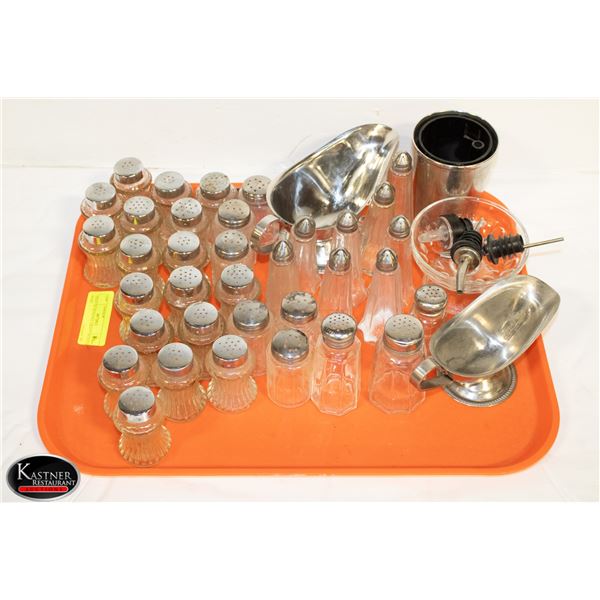 TRAY OF SHAKERS, GRAVY BOATS & MORE
