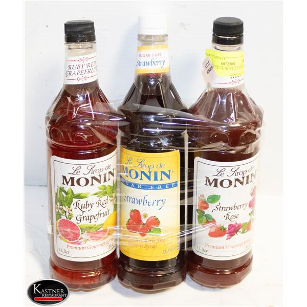 3 ASSORTED 1L BOTTLES OF MONIN SYRUPS