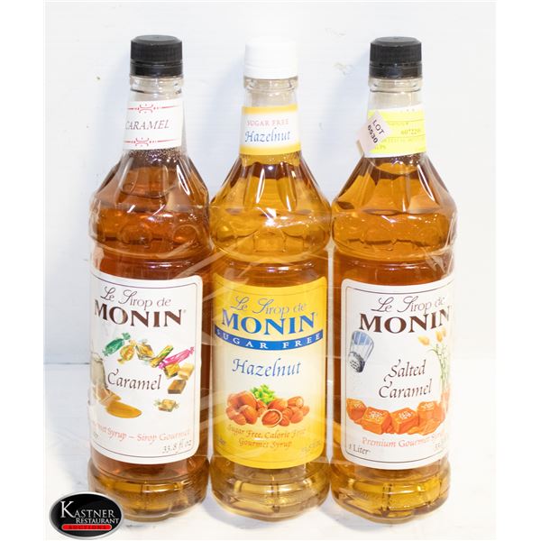 3 ASSORTED 1L BOTTLES OF MONIN SYRUPS