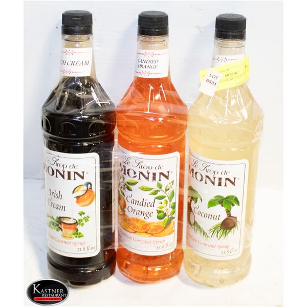 3 ASSORTED 1L BOTTLES OF MONIN SYRUPS