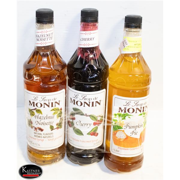 3 ASSORTED 1L BOTTLES OF MONIN SYRUPS