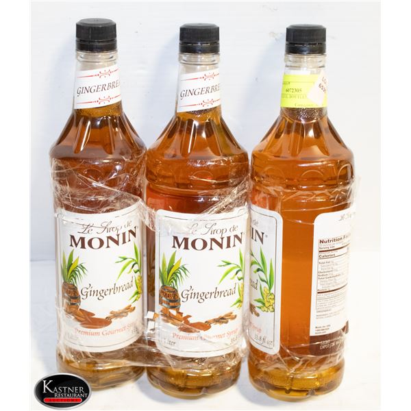 3 ASSORTED 1L BOTTLES OF MONIN SYRUPS