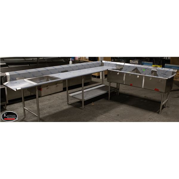 LARGE S/S "DISH PIT" WITH TRIPPLE WELL SINK