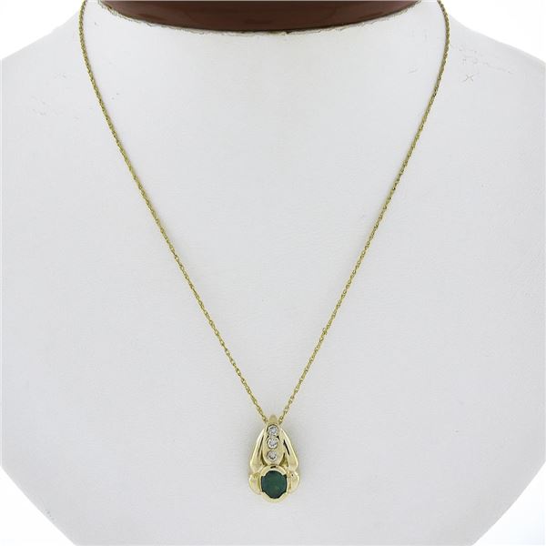 14k Gold 0.77 ctw Oval Emerald Solitaire & Diamond Pendant & 18.5" Rope Chain