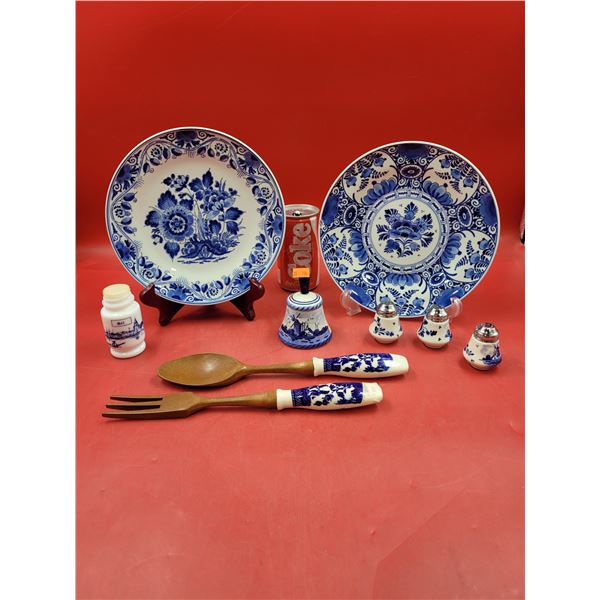 Lot Of Blue Delft Plates, Bell, Utensils & Salt/Pepper Shakers