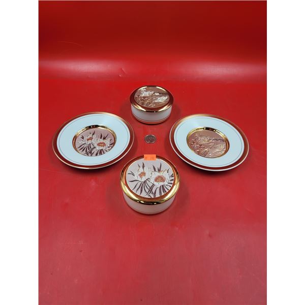 24K Gold Edged "The Art Of Chokin" Trinket Boxes & Plates Made In Japan