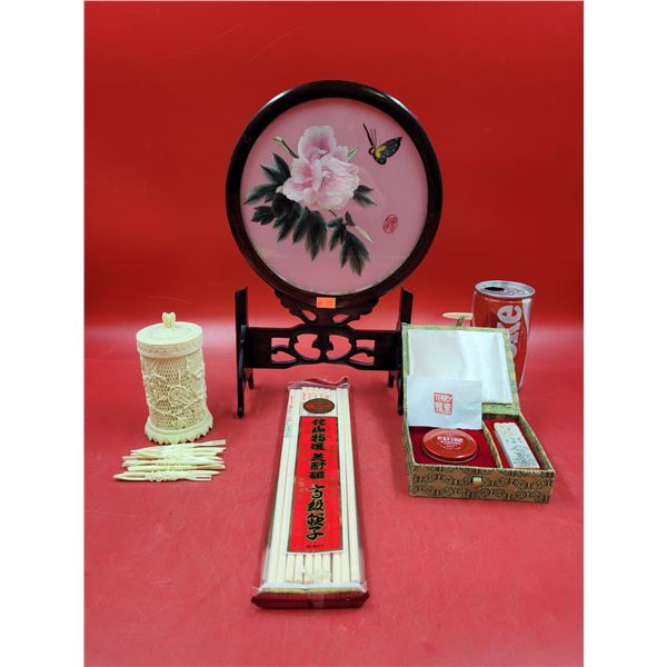 VTG Chinese Suzhou Embroidery Silk Double Sided Rose & Butterflies In Cloth Original Box & VTG Lot