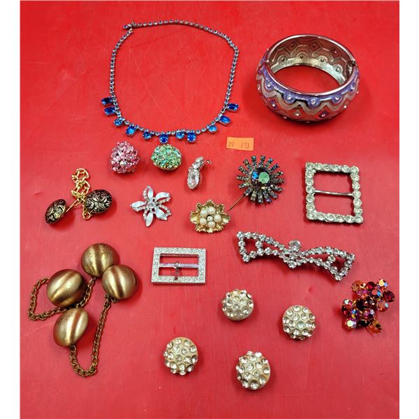 Lot Of Rhinestone Buckles, Buttons, Pins, 3 Pairs Of Buttons w/ Gold Chains