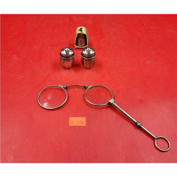 Sterling Silver Salt & Pepper Shaker, Antique Sterling Thimble In Case & Lorgnon Lorgnette Glasses