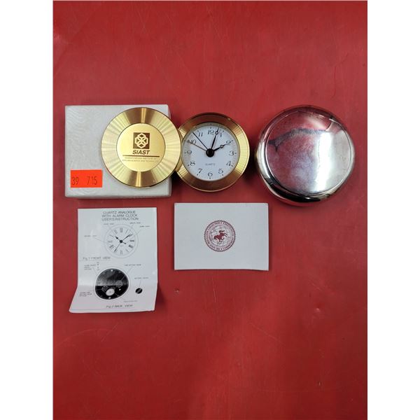 The Gold Medallion Collection Plated 23K Quartz Analogue Clock and Silver Marks Stamped Compact