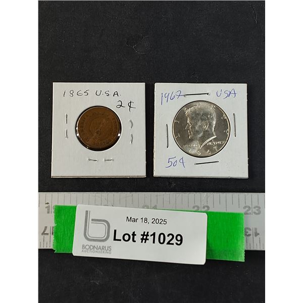 1865 USA 2 Cent Piece and 1967 USA 50 Cent Piece