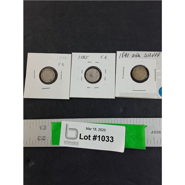 1858, 88 and 91 Canadian 5 Cent Pieces