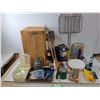 Image 1 : Camping Supplies- Lanterns, Grills, Knife, Misc. & Wood Crate