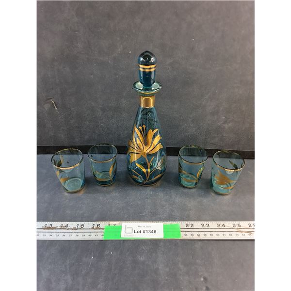Blue Glass Decanter and 4 Liquor Shot Glasses
